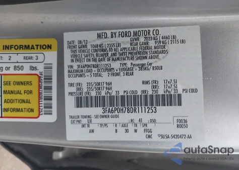 2013 Ford Fusion Se z USA, uszkodzony, nr VIN 3FA6P0H78DR111253